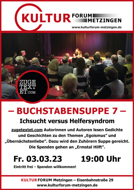 03.03.2023 19 Uhr: Siebte Buchstabensuppe-Lesung im Kulturforum Metzingen – Agenda